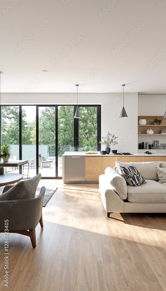 Fototapeta premium Modern interior design featuring light-colored wood floors and clean lines.