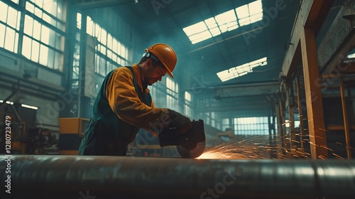 Factory worker grinding metal pipe, sparks fly, industrial background, manufacturing
