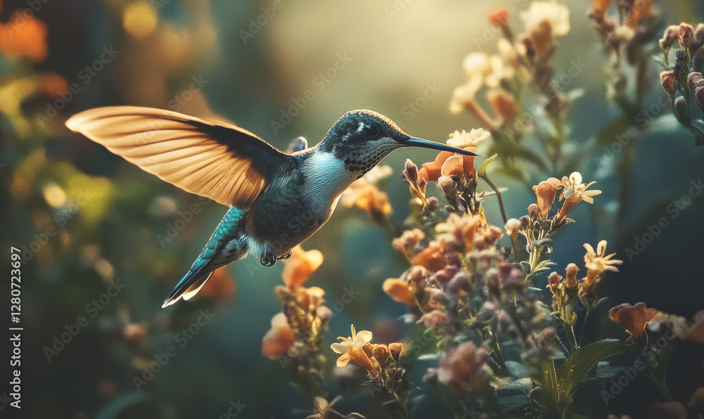 Naklejka premium Flying birds peck at nectar