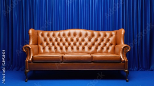 A traditional wingback-style sofa in warm caramel leather on a textured deep blue background