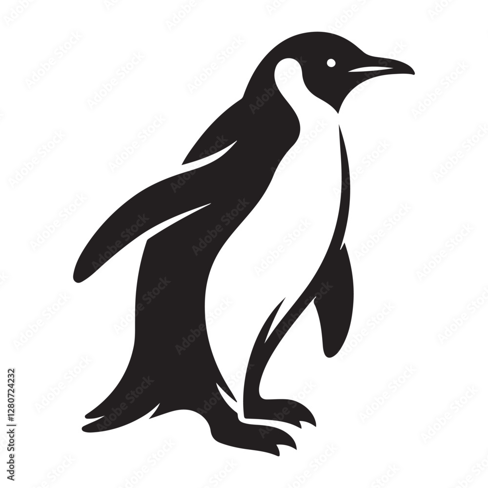 Obraz premium Penguin bird Silhouette Vector Illustration, Solid White Background.