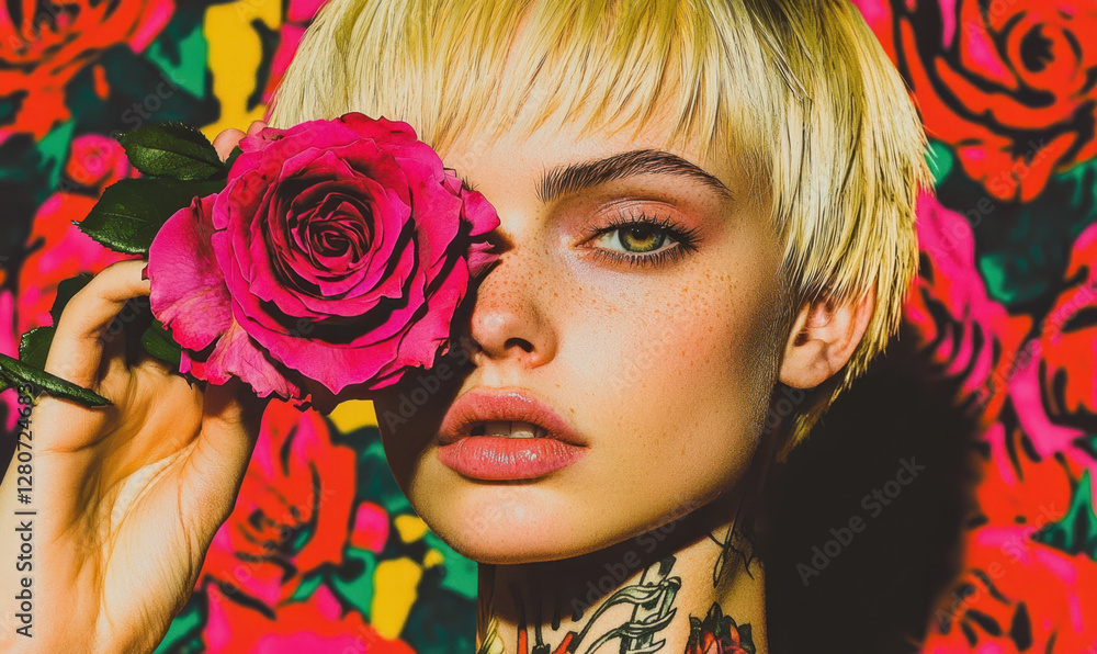 Captivating Portrait of a Model with a Pink Rose: A Blend of Contemporary Beauty and Nature Captured in a Vibrant Floral Background Captivating Portrait of a Model with a Pink Rose: A Blend of Contemporary Beauty and Nature Captured in a Vibrant Floral Background
