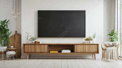 Modern Living Room: Showcasing the contemporary comfort with a wall-mounted television above a wooden entertainment unit, complemented by stylish decorations and plants.