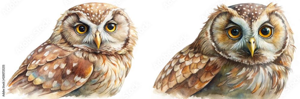 Obraz premium Detailed watercolor owls, vibrant colors, realistic illustration, nature art, wildlife portrait, artistic expression, animal lovers.