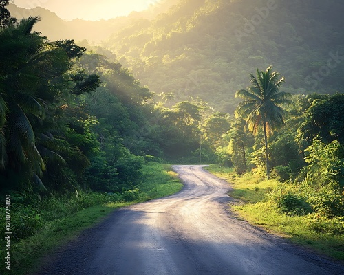 Winding road through tropical forest at sunrise