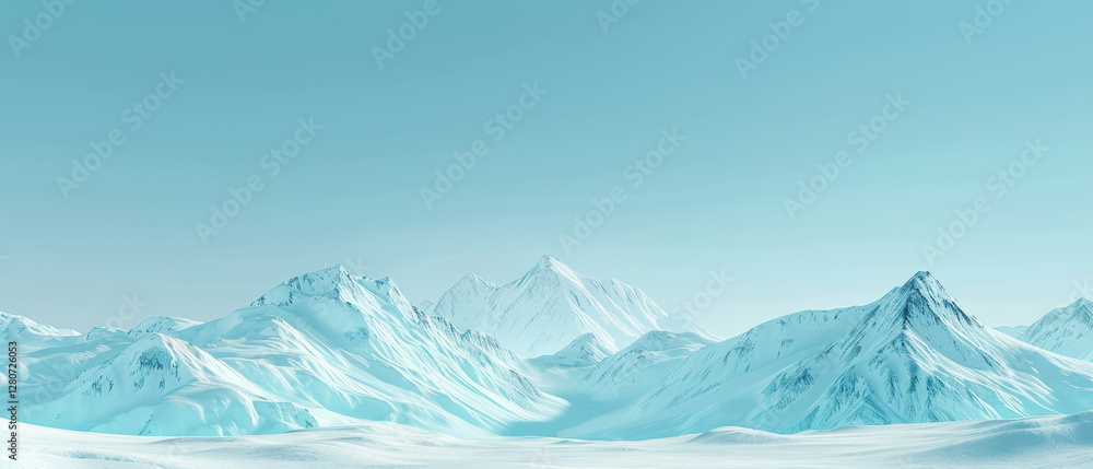 Fototapeta premium White snow-capped mountain range with gentle snowy slopes and sharp stone teeth against background of pale blue clear gradient sky. Banner. Copy space for text.