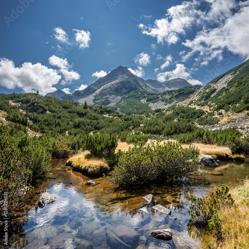 Valyavitsa river flowing from Valyavishki lakes and Valyavishki chukar peak on the horizon. Summer in Pirin mountains near Bansko, Bulgaria. photo