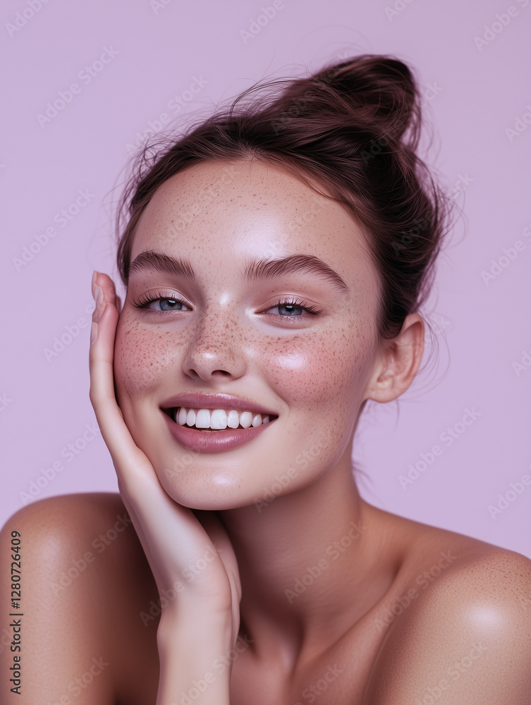 A close-up beauty portrait of a smiling young woman with radiant skin, freckles, and a soft pink background A close-up beauty portrait of a smiling young woman with radiant skin, freckles, and a soft pink background