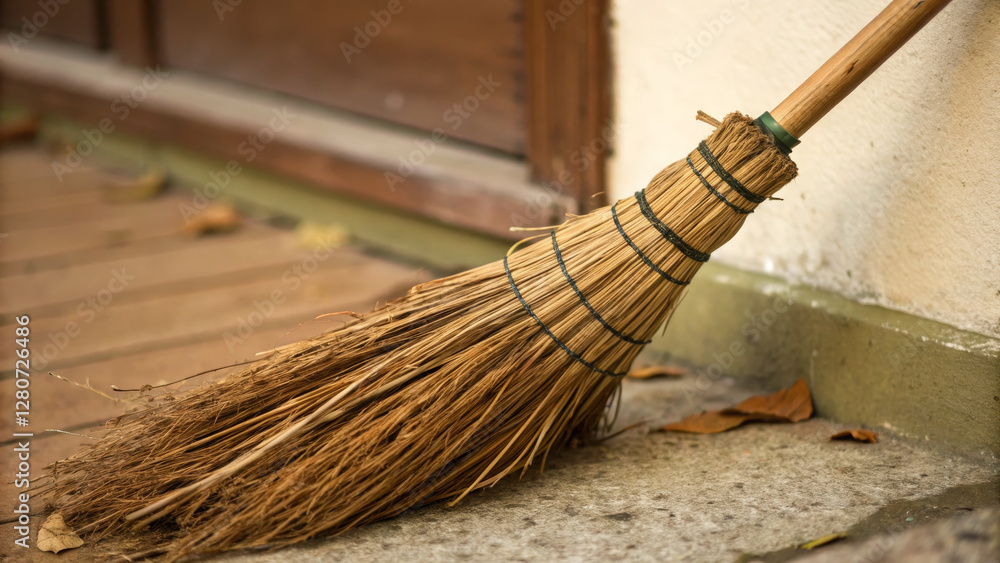 custom made wallpaper toronto digitalrustic broom made of natural fibers rests on wooden floor, surrounded by leaves