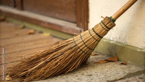 Wallpaper Mural rustic broom made of natural fibers rests on wooden floor, surrounded by leaves Torontodigital.ca