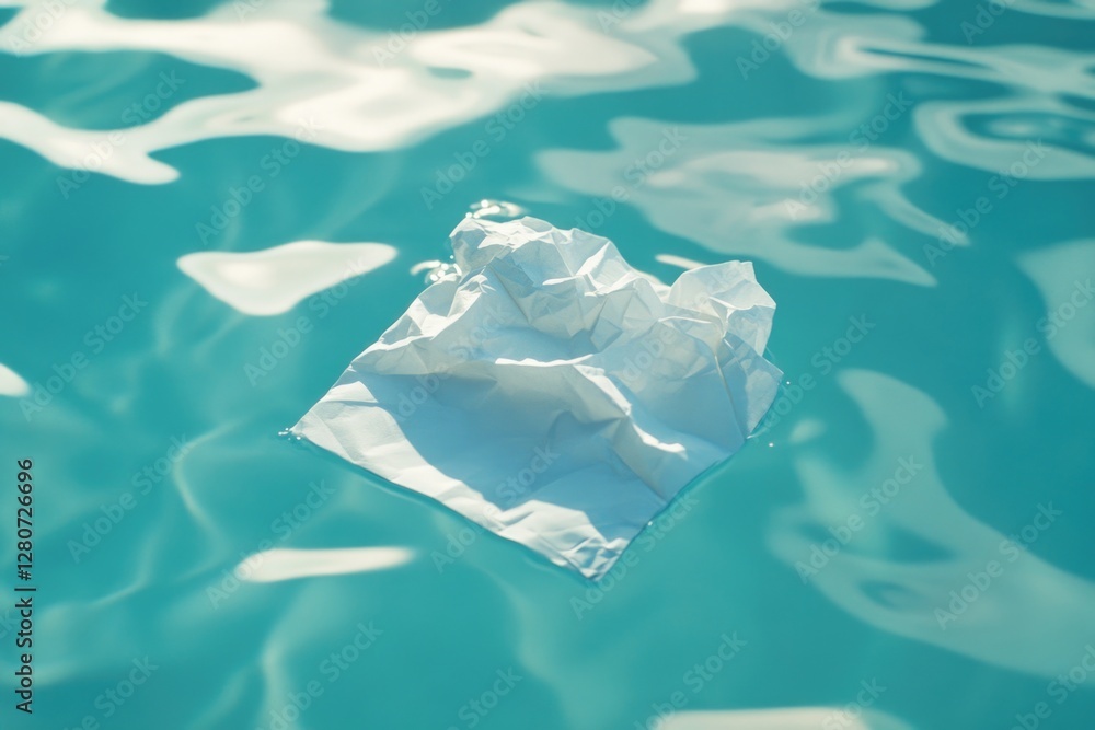 Fototapeta premium A piece of paper floating on the surface of a pool, with ripples and reflections