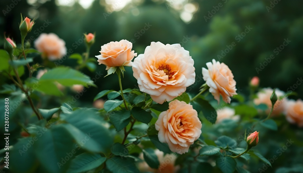 Blooming peach roses, garden photography, soft focus,, natural lighting, bokeh background Blooming peach roses, garden photography, soft focus,, natural lighting, bokeh background