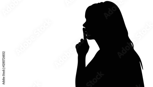 Silhouette woman shushing against a white background