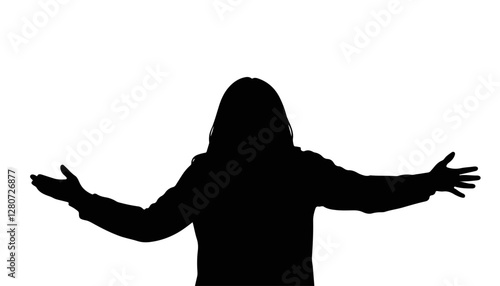 Silhouette of a person expressing joy with open arms on white background