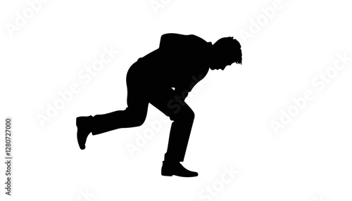 Silhouette of person running with urgency against white background