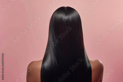 Sleek black hair on female back against pink background
