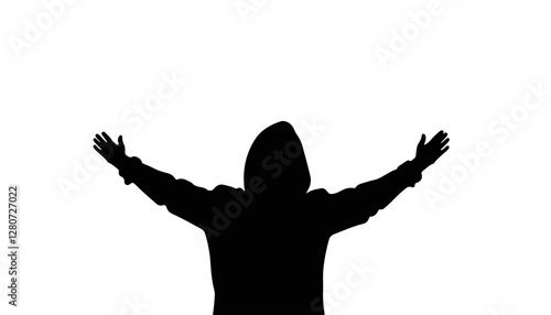 Person celebrating with outstretched arms against a white background