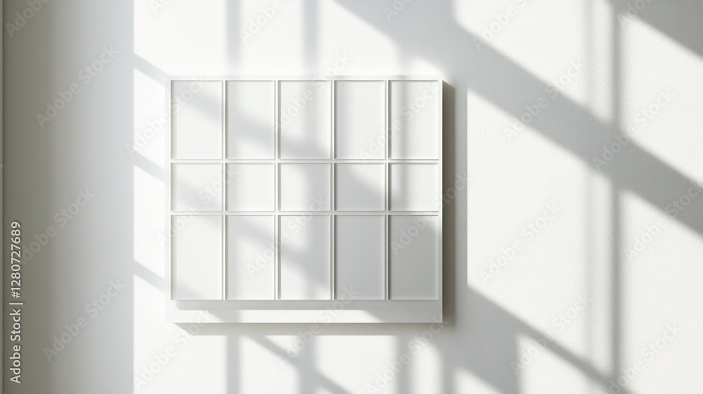 Minimalist White Grid Art Installation in Sunlit Room Minimalist White Grid Art Installation in Sunlit Room