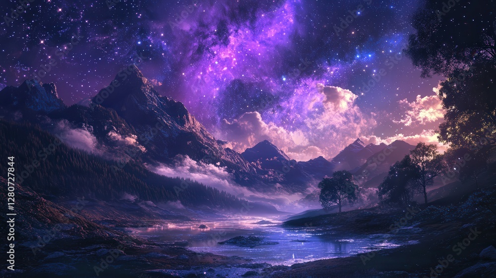 Fototapeta premium cosmic sky, glowing softly under the light of distant galaxies.