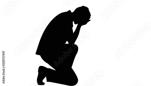 Silhouette of a person in despair kneeling on white background