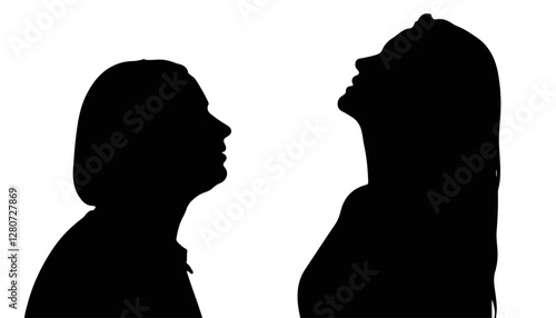 Silhouettes of two people looking up against a white background