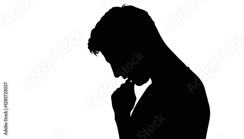 Silhouette of a man deep in thought against a blank background
