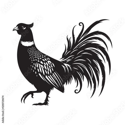 Pheasant bird Silhouette Vector Illustration, Solid White Background.