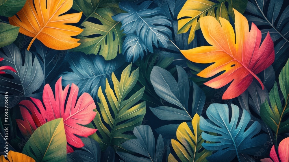 An abstract illustration with colorful jungle leaves, evoking the energy and vibrancy of summer An abstract illustration with colorful jungle leaves, evoking the energy and vibrancy of summer