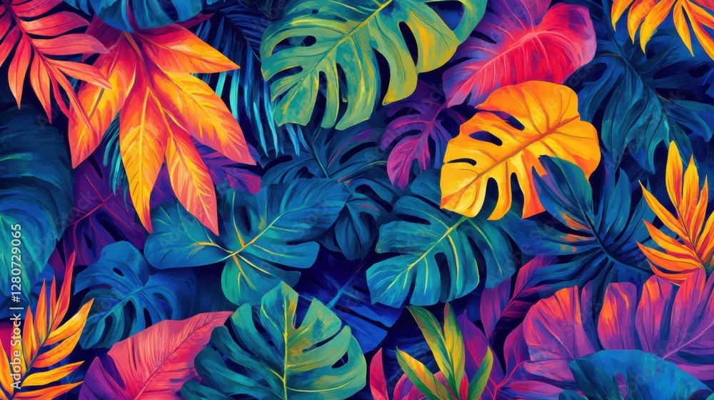 An abstract illustration with colorful jungle leaves, evoking the energy and vibrancy of summer An abstract illustration with colorful jungle leaves, evoking the energy and vibrancy of summer