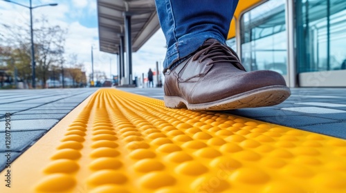 Wallpaper Mural Tactile Paving Guidance for Visually Impaired: A Close-Up View of a Person's Foot Stepping onto a Bright Yellow, Textured Ground Surface at a Modern Train Station Platform Torontodigital.ca