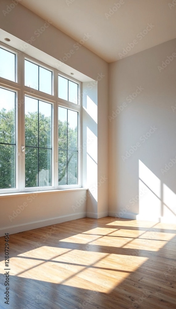 Fototapeta premium The empty room with large windows and hardwood floor.