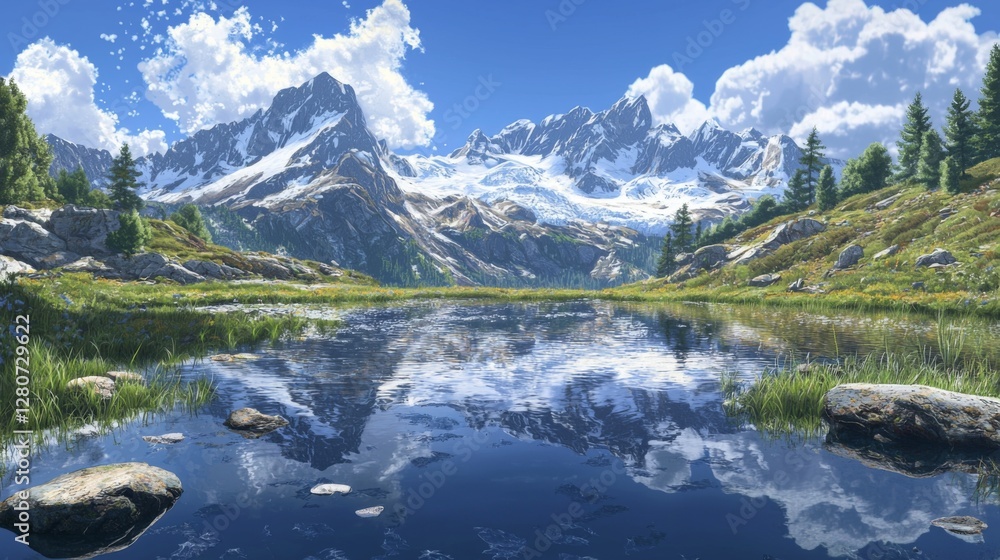 Fototapeta premium Serene Mountain Landscape with Snow-Capped Peaks, Reflective Lake, and Vibrant Greenery Under a Clear Blue Sky