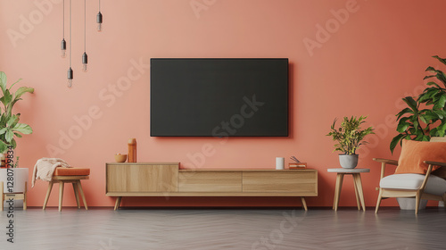 Wallpaper Mural Modern Living Room: An inviting interior showcases a sleek television mounted on a coral wall, complemented by a wooden console, plants and stylish furniture. Torontodigital.ca