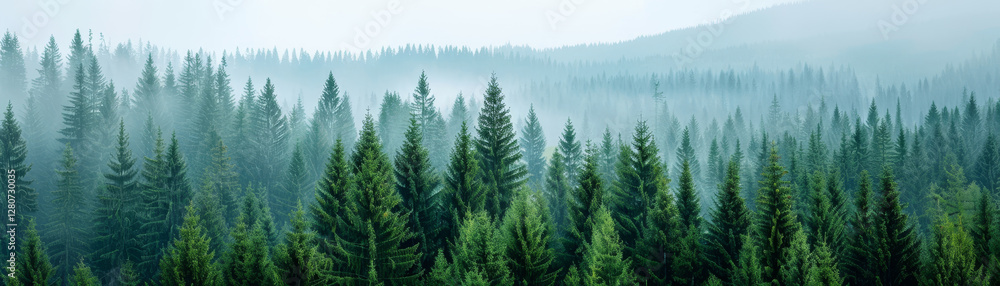Lush evergreen forest with misty background and soft natural light illuminating pine trees in wilderness landscape, highlighting the role of forests in carbon offset and environmental sustainability. Lush evergreen forest with misty background and soft natural light illuminating pine trees in wilderness landscape, highlighting the role of forests in carbon offset and environmental sustainability.