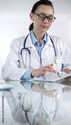 Female doctor in blue blouse, stethoscope and white coat is using digital tablet in modern healthcare setting, interacting with patient data, vertical portrait view. Medicine and science