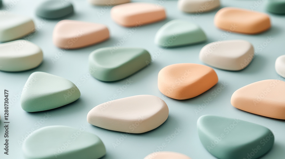 A photograph of hand-crafted clay stones in muted pastel colors, such as peach, seafoam green A photograph of hand-crafted clay stones in muted pastel colors, such as peach, seafoam green