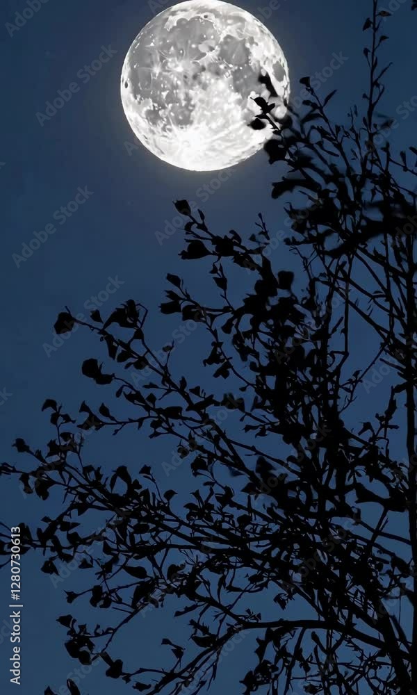 Moonrise behind silhouetted branches: nighttime nature and celestial movement Moonrise behind silhouetted branches: nighttime nature and celestial movement