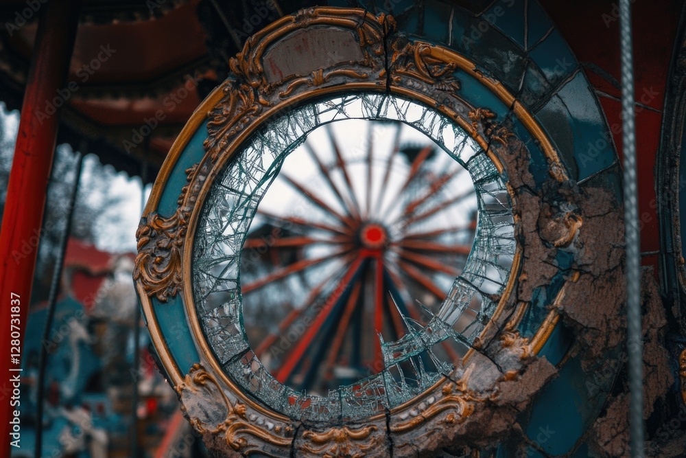 Obraz premium A round mirror hangs on the wall next to a Ferris wheel, providing a unique perspective