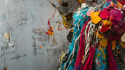 background of splattered paint, fabric fibers, and scratched metal with vibrant colors 