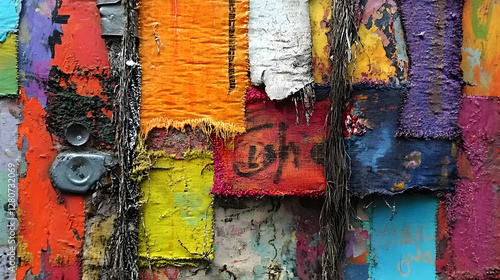 background of splattered paint, fabric fibers, and scratched metal with vibrant colors 