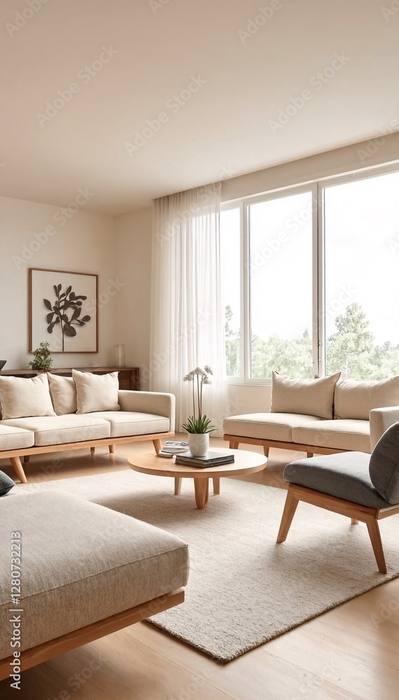 Fototapeta premium A modern living room with a minimalist aesthetic and natural lighting.