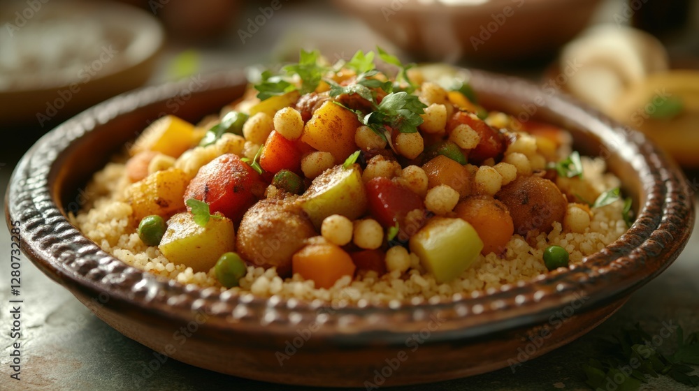 Close-up of traditional Moroccan couscous with vegetables, placed on a rustic ceramic plate, vibrant presentation, soft studio lighting, cultural and appetizing Close-up of traditional Moroccan couscous with vegetables, placed on a rustic ceramic plate, vibrant presentation, soft studio lighting, cultural and appetizing