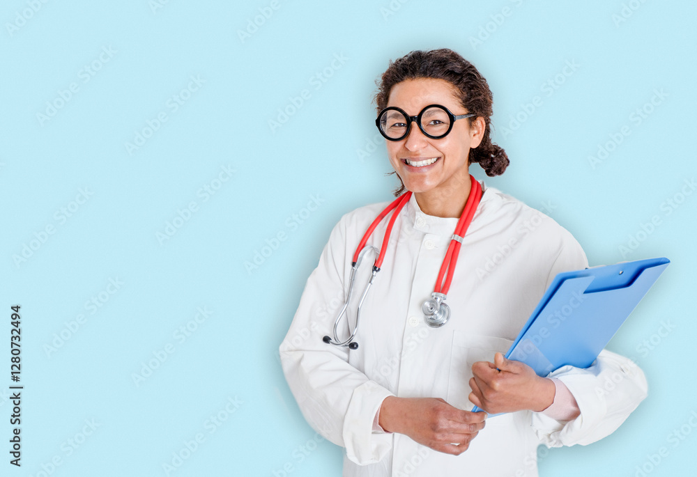 Black woman doctor studio shot isolated on blue background Black woman doctor studio shot isolated on blue background
