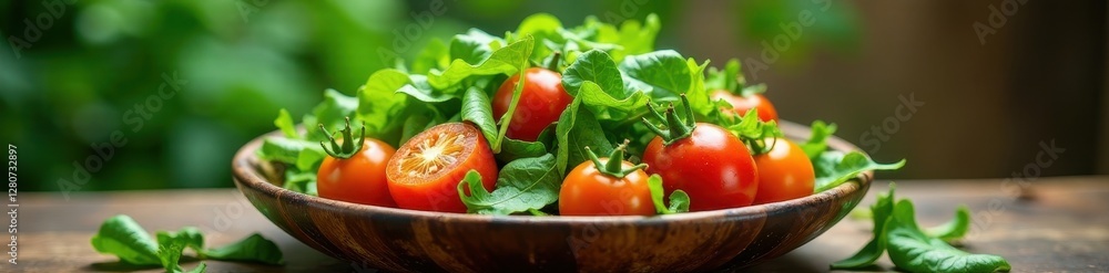 Crisp greens, colorful veggies in a rustic bowl, lettuce, bowl Crisp greens, colorful veggies in a rustic bowl, lettuce, bowl