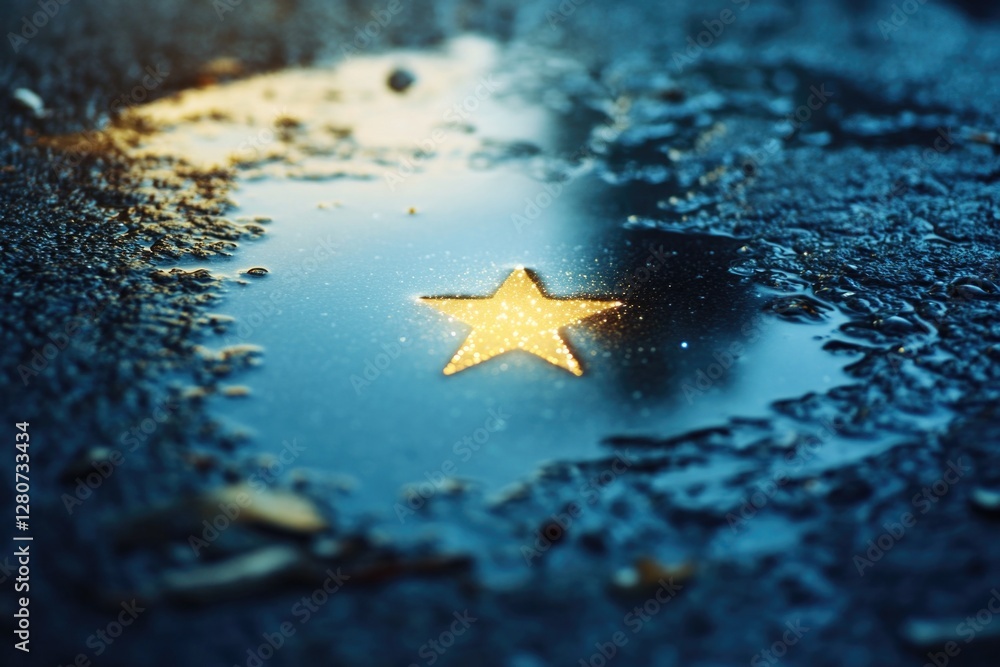 A single gold star sits atop a small pool of water, creating a simple yet striking scene A single gold star sits atop a small pool of water, creating a simple yet striking scene