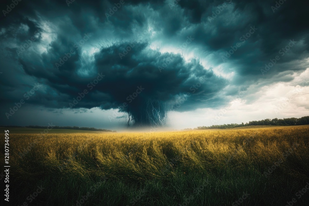 A large tornado cloud hovering over a field of grass, with potential for destruction A large tornado cloud hovering over a field of grass, with potential for destruction