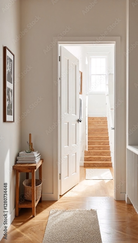 A hallway with white walls and wood floors leading to stairs. A hallway with white walls and wood floors leading to stairs.