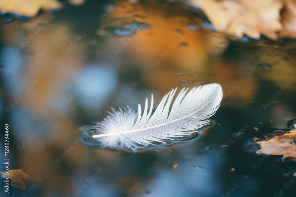 A single white feather floats on the surface of calm water A single white feather floats on the surface of calm water