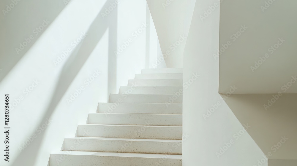 Fototapeta premium Modern white stairs, sunlight shadows, minimalist interior