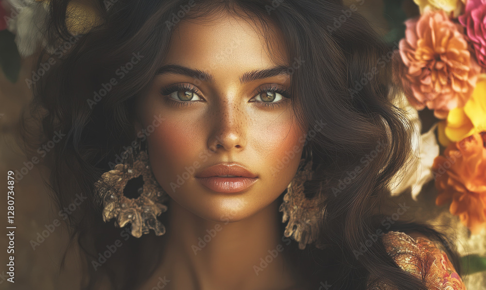 Fototapeta premium Portrait photo of a young and beautiful woman with flowers in the background